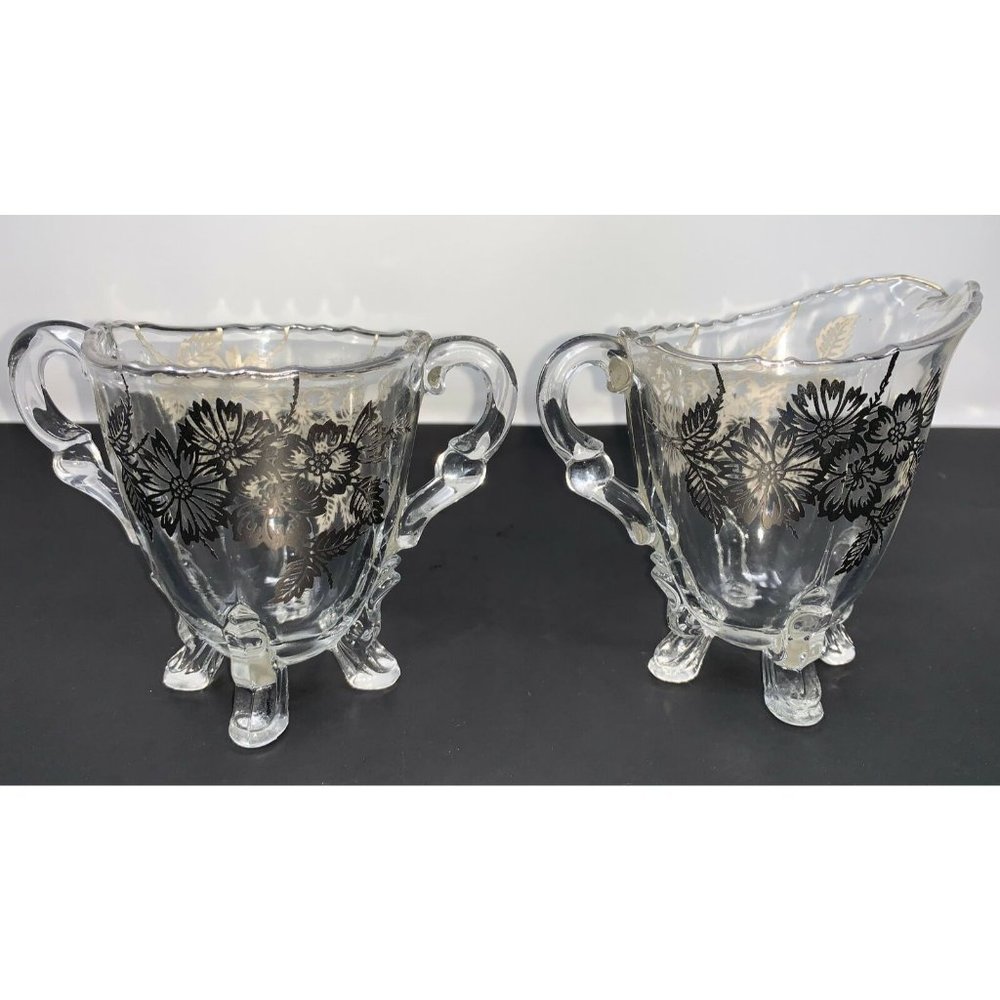 VIKING GLASS #42  Four Toed Open Sugar & Creamer SILVER CITY Springtime Overlay - Picture 3 of 10